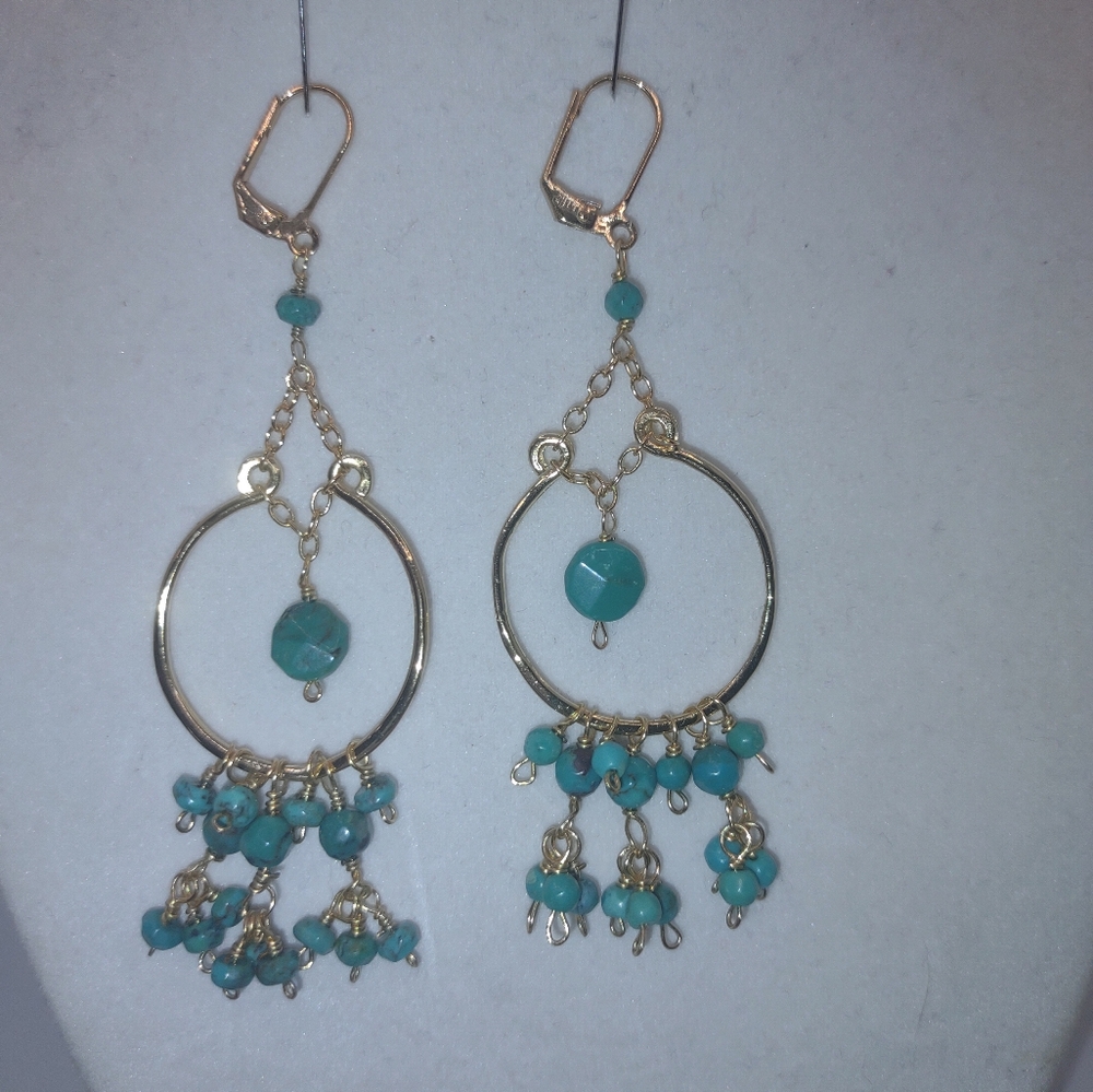 Chic Gold and Turquoise Dangle Earrings - Picture 2 of 5